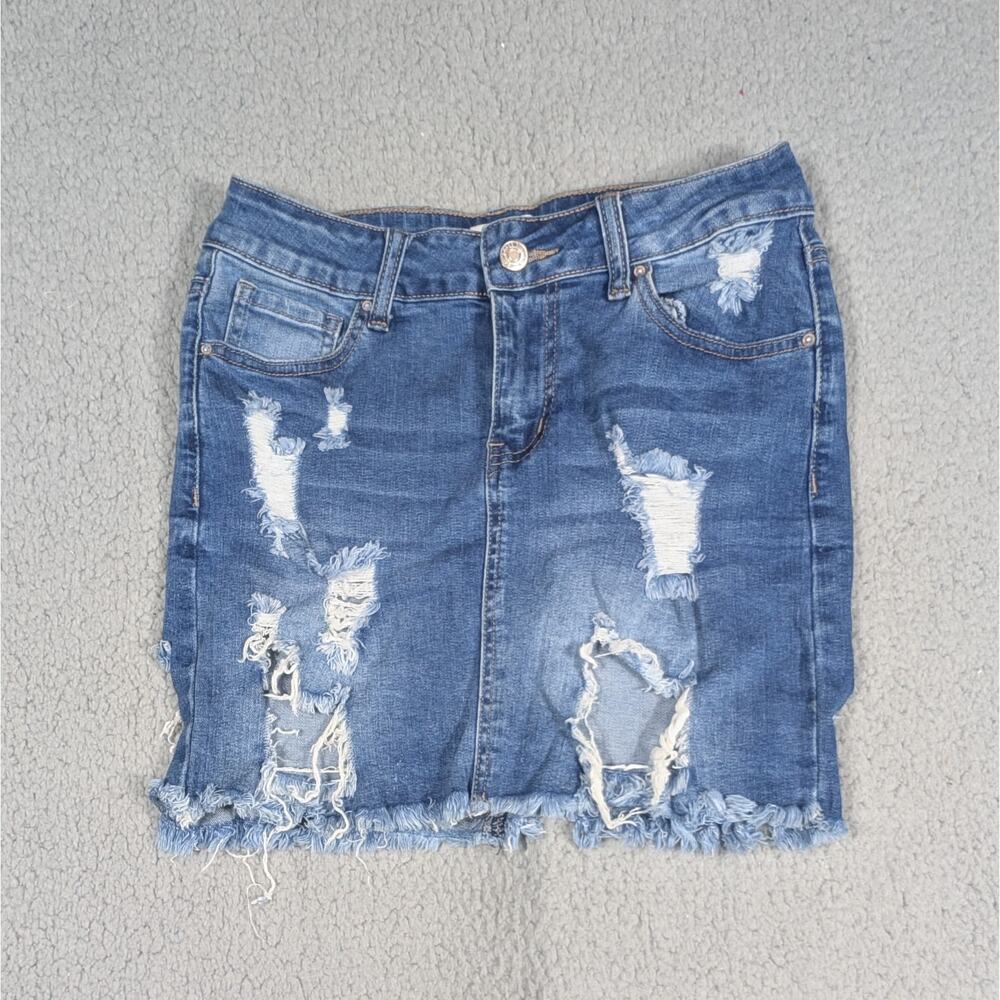 Forever 21 Denim Skirt Size 27 Distressed Micro Miniskirt Raw Hem Grunge Y2K